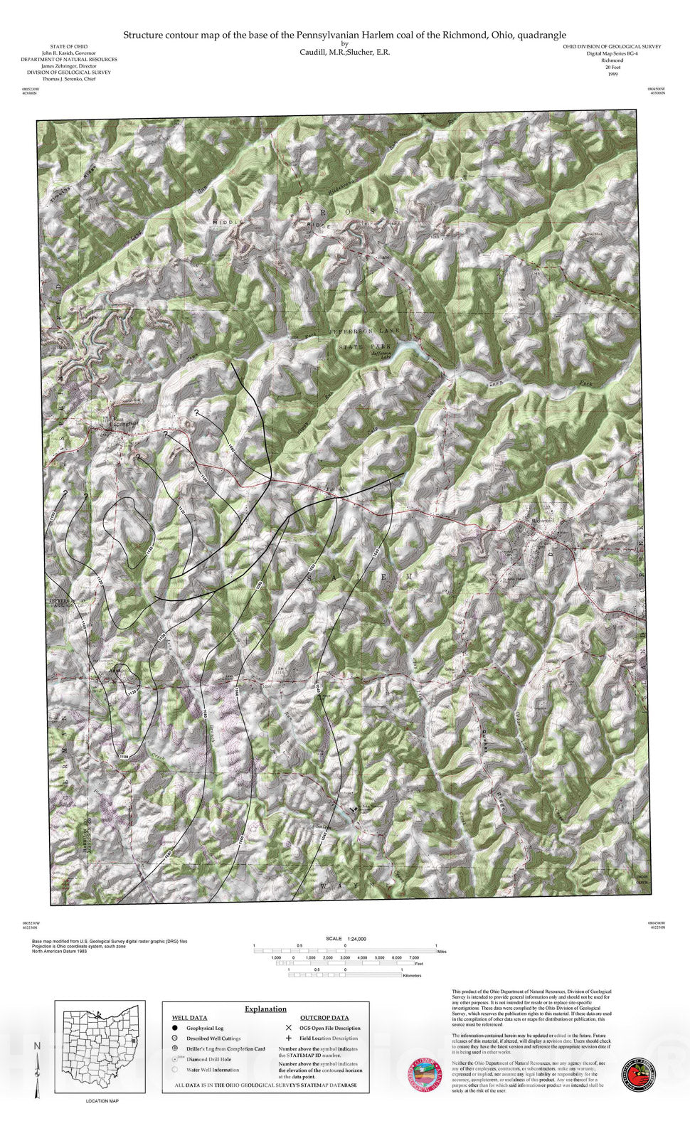 Map : Structure contour map of the base of the Pennsylvanian Harlem coal of the Richmond, Ohio, quadrangle, 1999 Cartography Wall Art :