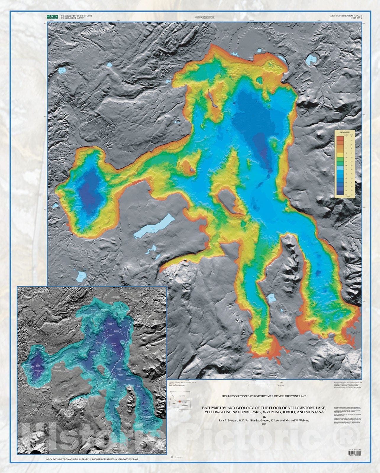 Map : Bathymetry and geology of the floor of Yellowstone Lake, Yellowstone National Park, Wyoming, Idaho, and Montana, 2007 Cartography Wall Art :