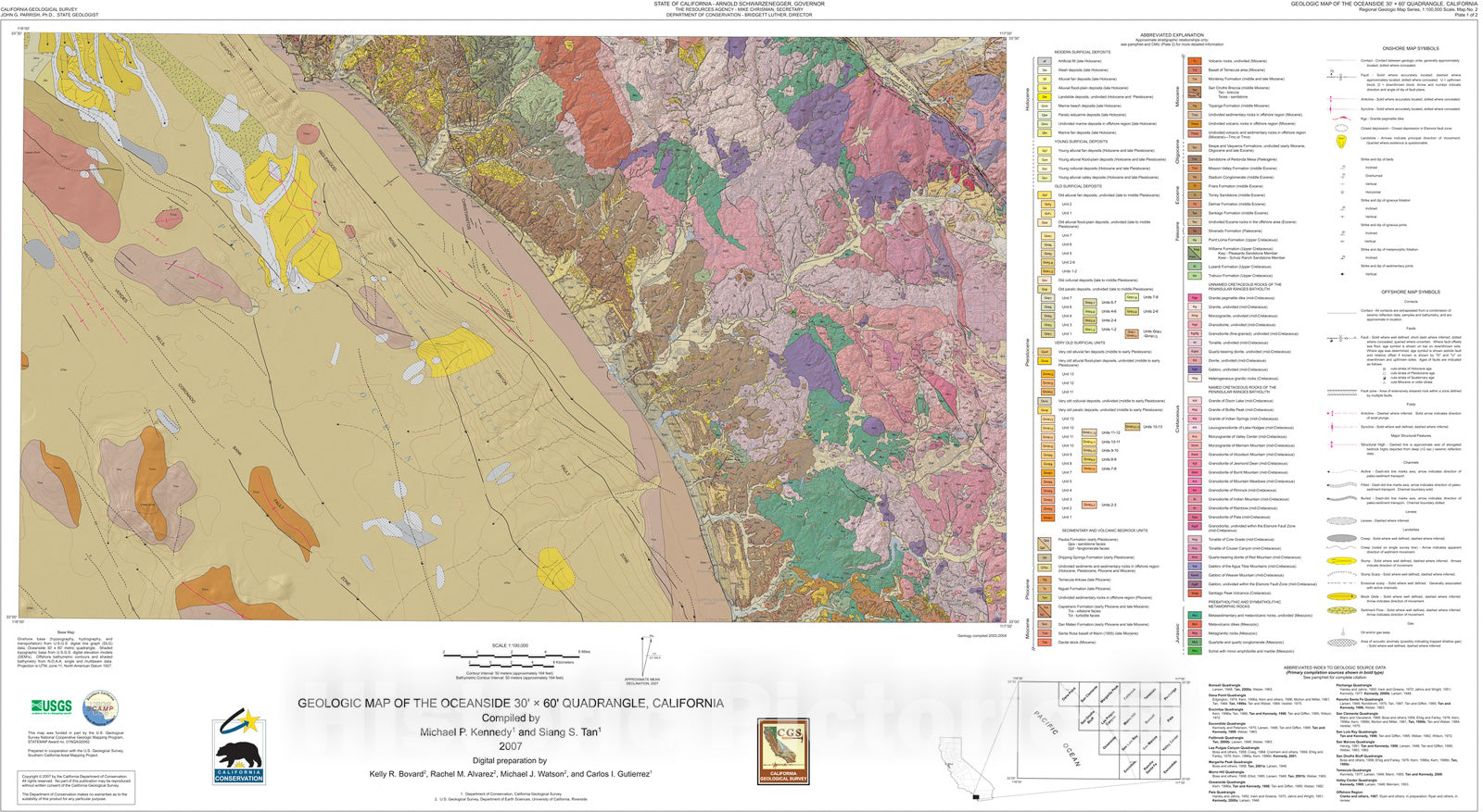 Map : Geologic map of the Oceanside 30x60-minute quadrangle, California, 2007 Cartography Wall Art :