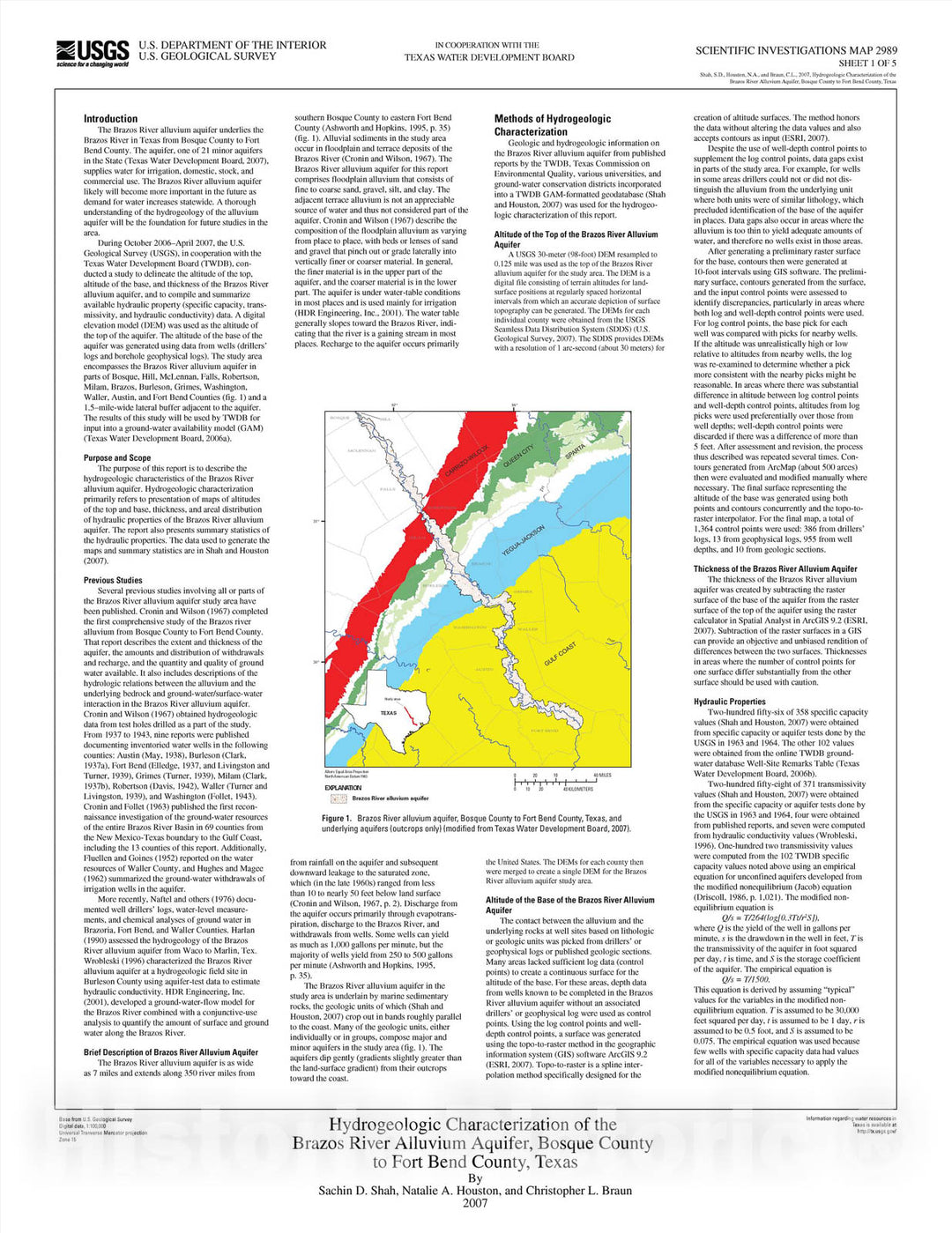 Map : Hydrogeologic characterization of the Brazos River alluvium aquifer, Bosque County to Fort Bend County, Texas, 2007 Cartography Wall Art :