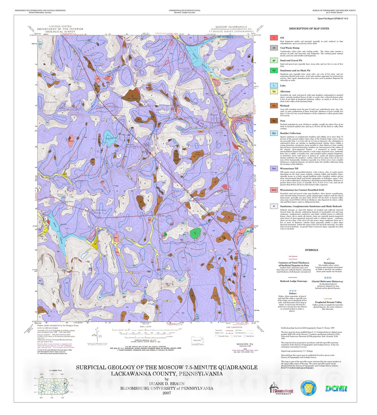 Map : Surficial geology of the Moscow 7.5-minute quadrangle, Lackawanna County, Pennsylvania, 2007 Cartography Wall Art :