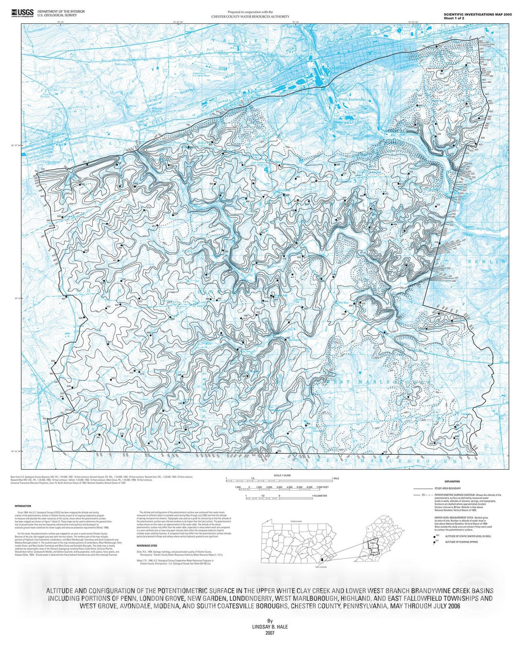 Map : Altitude and configuration of the potentiometric surface in the upper White Clay Creek and lower West Branch Brandywine Creek, 2008 Cartography Wall Art :