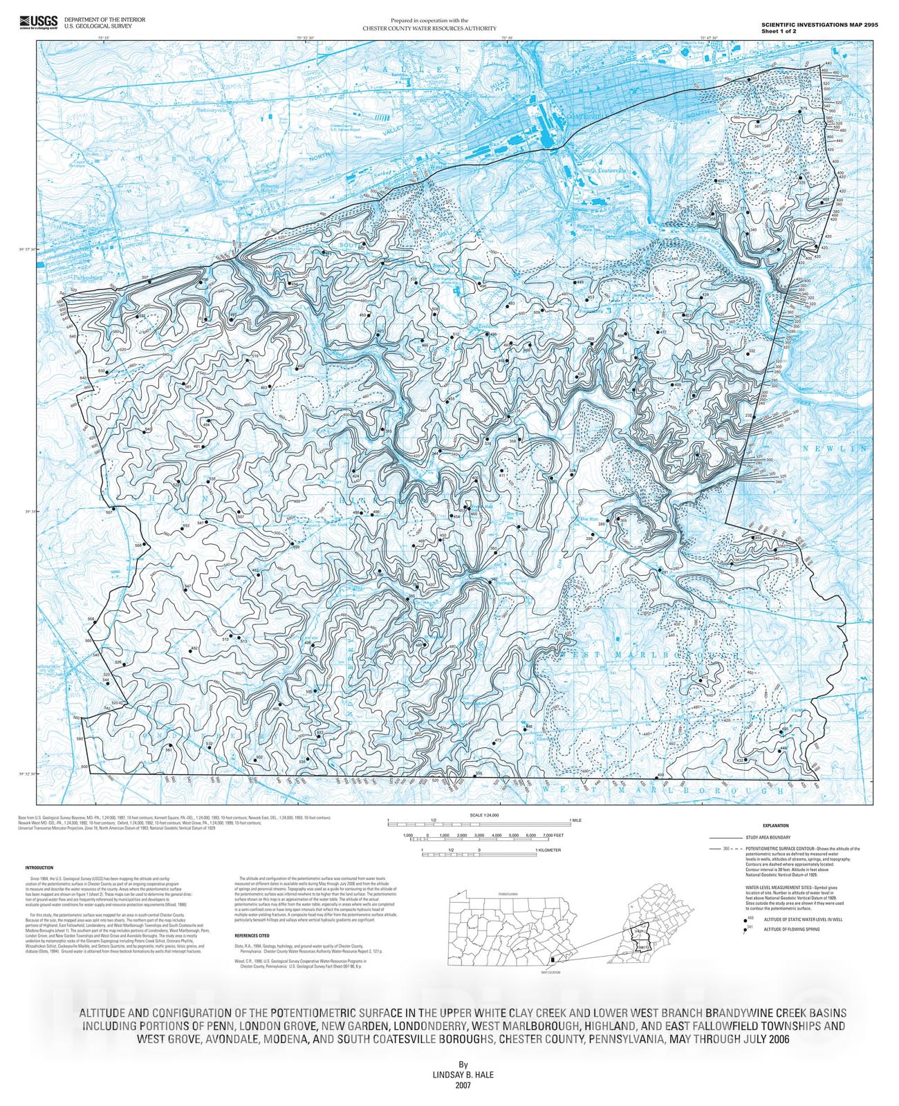 Map : Altitude and configuration of the potentiometric surface in the upper White Clay Creek and lower West Branch Brandywine Creek, 2008 Cartography Wall Art :