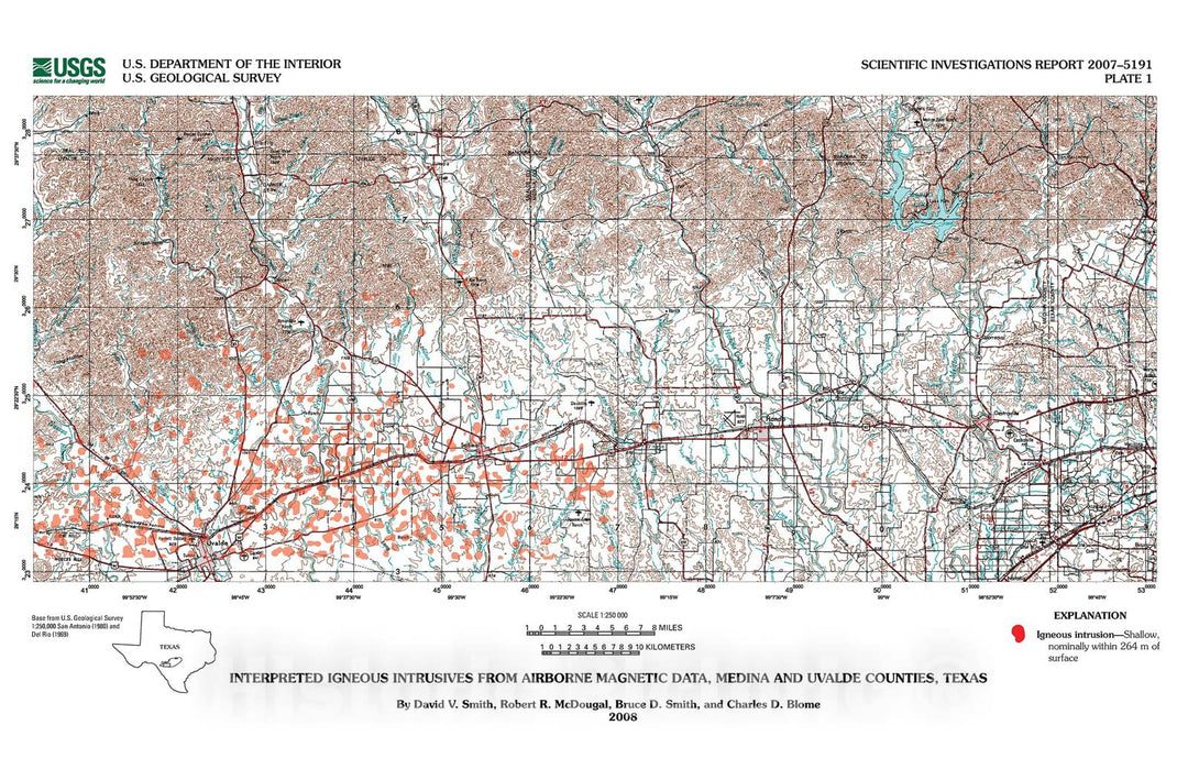 Map : Distribution of igneous rocks in Medina and Uvalde Counties, Texas, as inferred from aeromagnetic data, 2008 Cartography Wall Art :