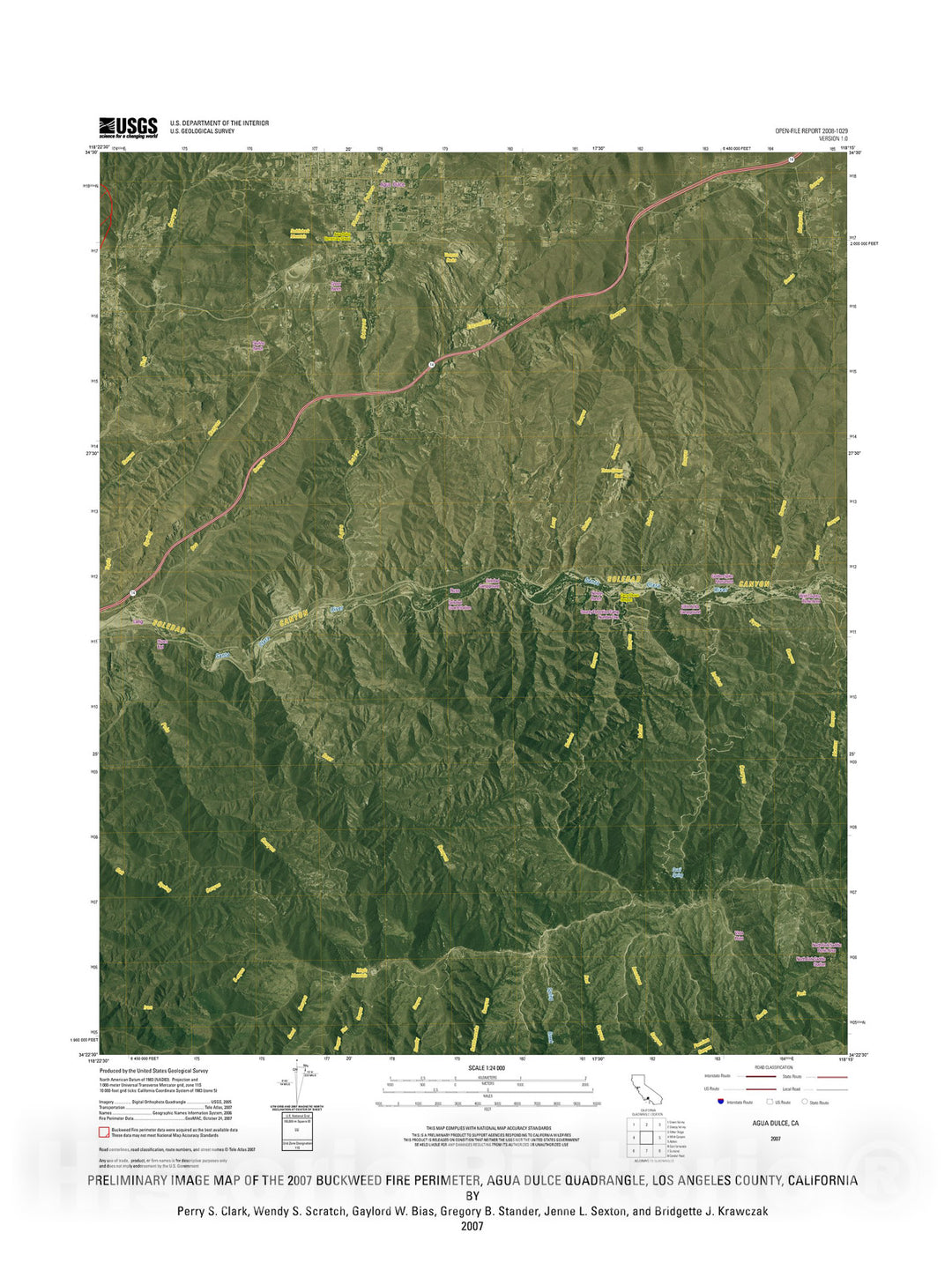 Map : Preliminary image map of the 2007 Buckweed Fire perimeter, Agua Dulce quadrangle, Los Angeles County, California, 2008 Cartography Wall Art :