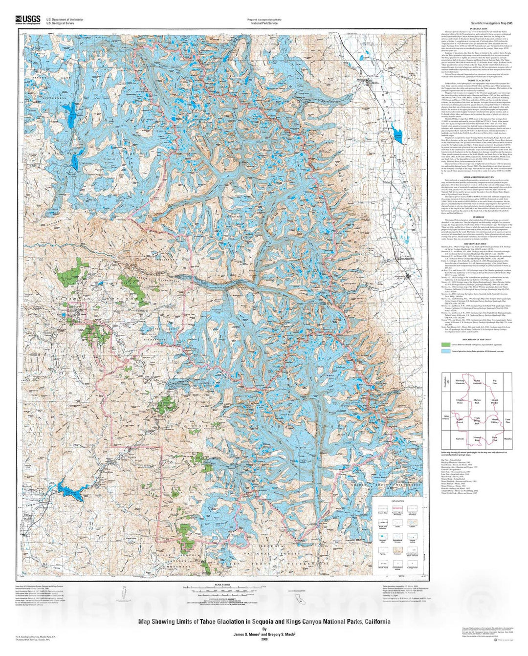 Map : Map showing limits of Tahoe glaciation in Sequoia and Kings Canyon National Parks, California, 2008 Cartography Wall Art :