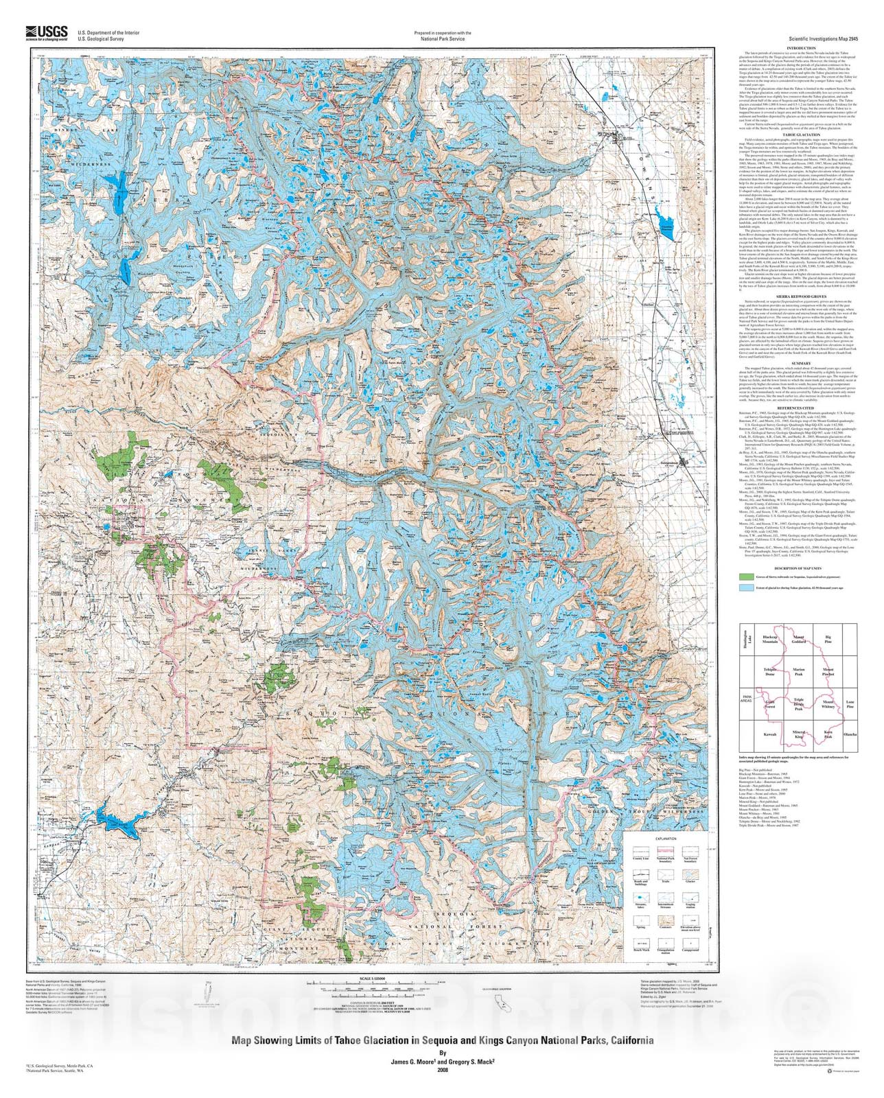 Map : Map showing limits of Tahoe glaciation in Sequoia and Kings Canyon National Parks, California, 2008 Cartography Wall Art :