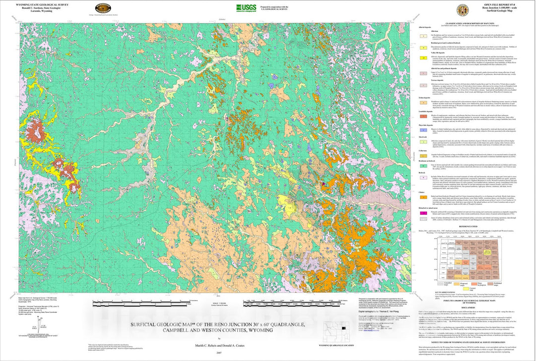 Map : Surficial geologic map of the Reno Junction 30' x 60' quadrangle, Campbell and Weston Counties, Wyoming, 2007 Cartography Wall Art :