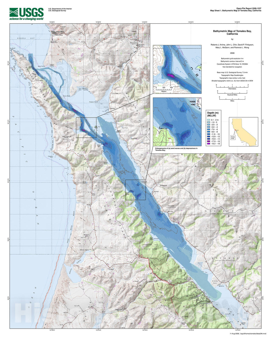 Map : Interferometric sidescan bathymetry, sediment and foraminiferal analyses; a new look at Tomales Bay, California, 2008 Cartography Wall Art :