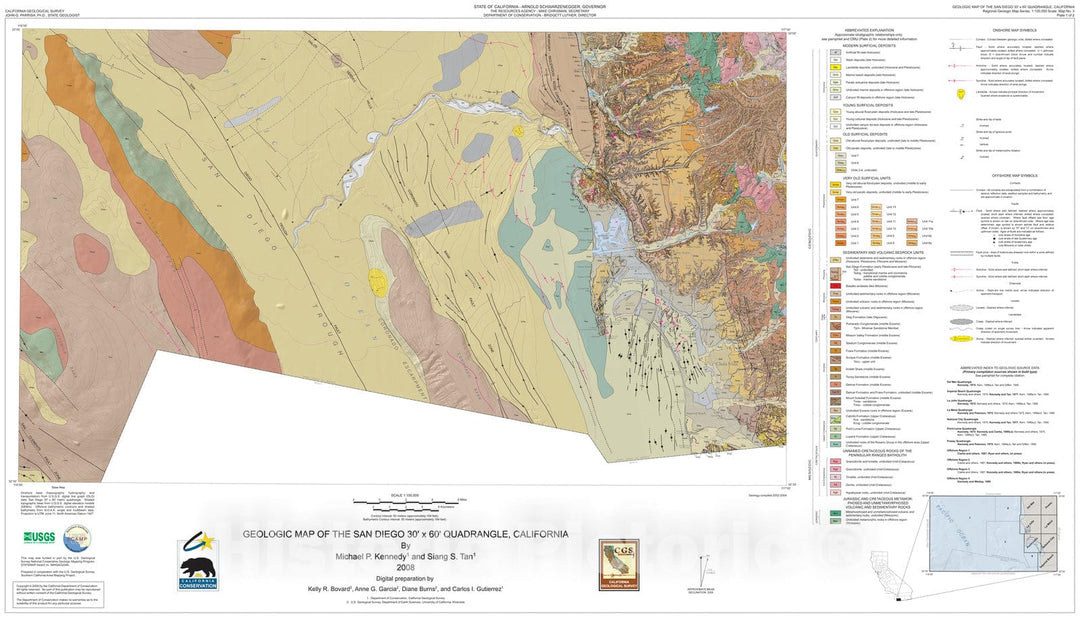 Map : Geologic map of the San Diego 30' x 60' quadrangle, California, 2008 Cartography Wall Art :