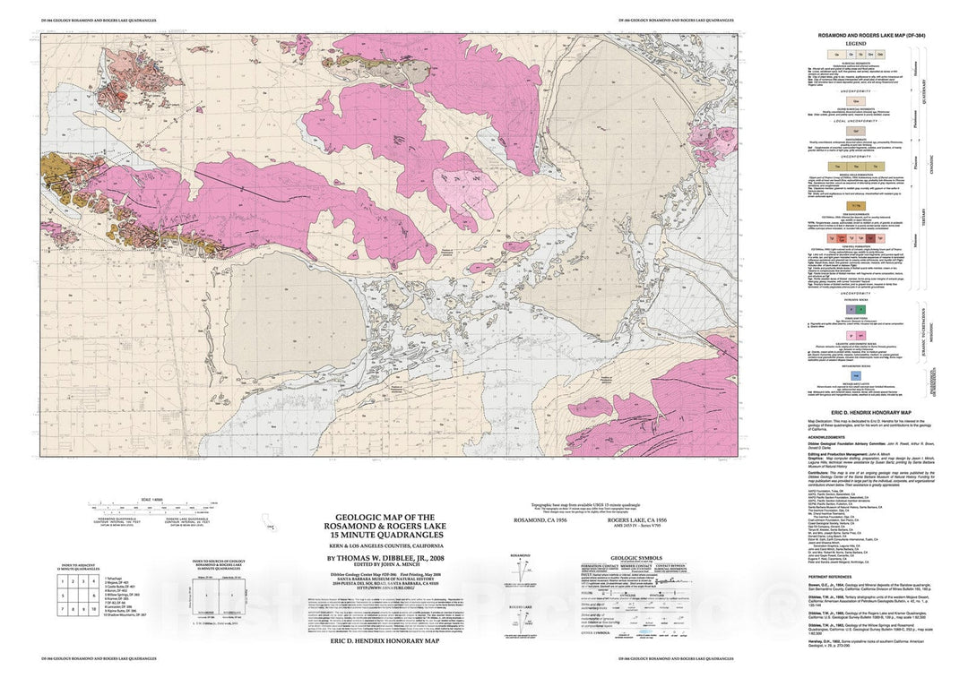 Map : Geologic map of the Rosamond & Rogers Lake fifteen minute quadrangles, Kern & Los Angeles Counties, California, 2008 Cartography Wall Art :