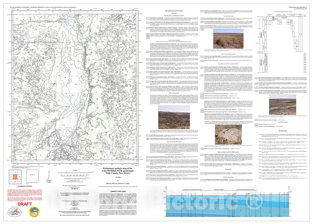 Map : Preliminary geologic map of the Lake McMillan North 7.5-minute quadrangle map, Eddy County, New Mexico, 2008 Cartography Wall Art :