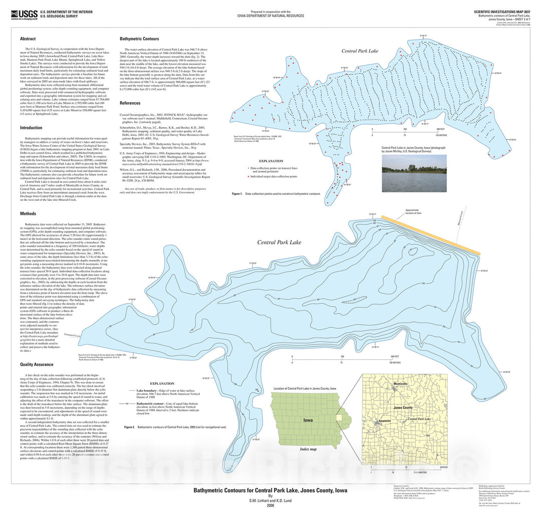 Map : Bathymetric contours for Central Park Lake, Jones County, Iowa, 2008 Cartography Wall Art :