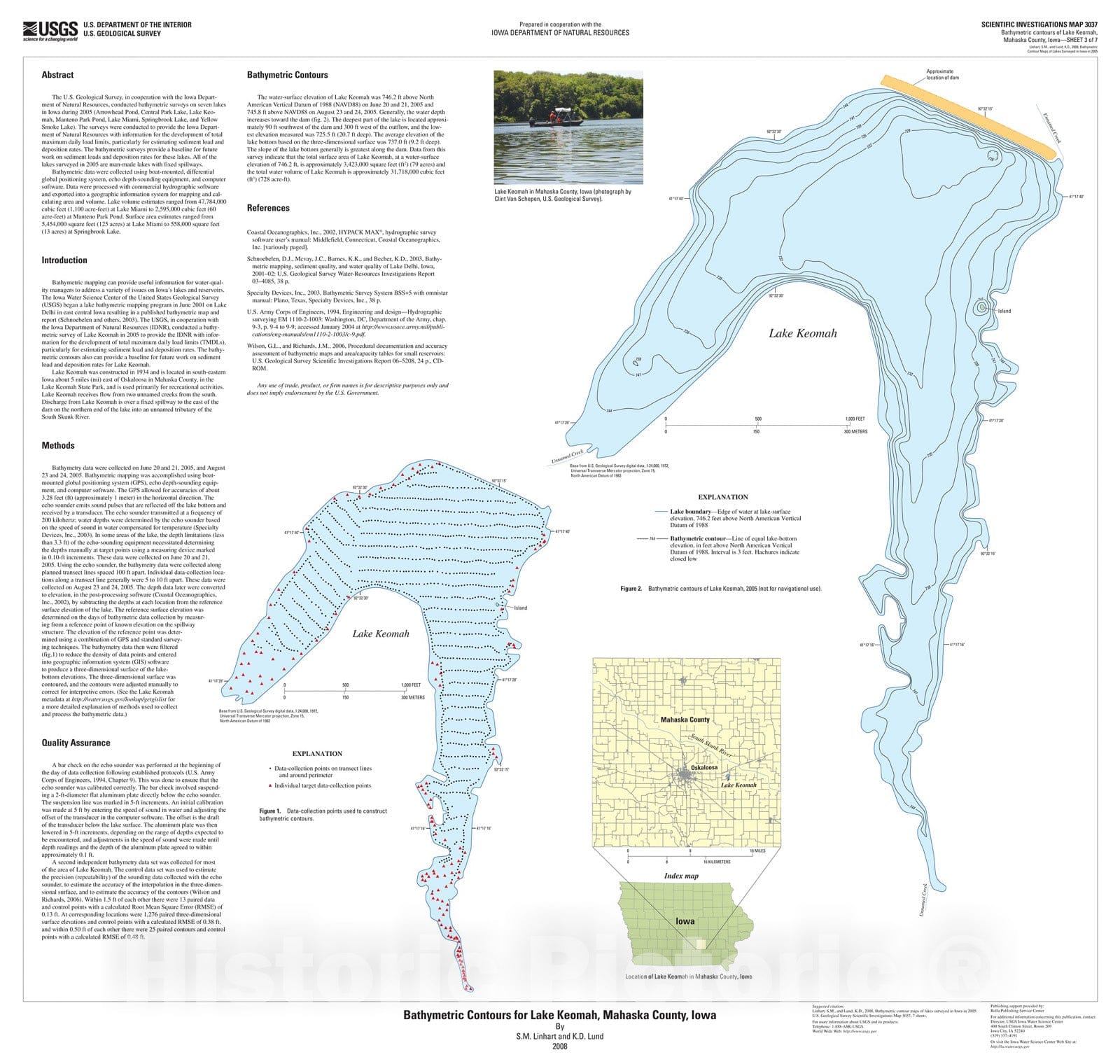 Map : Bathymetric contours for Lake Keomah, Mahaska County, Iowa, 2008 Cartography Wall Art :