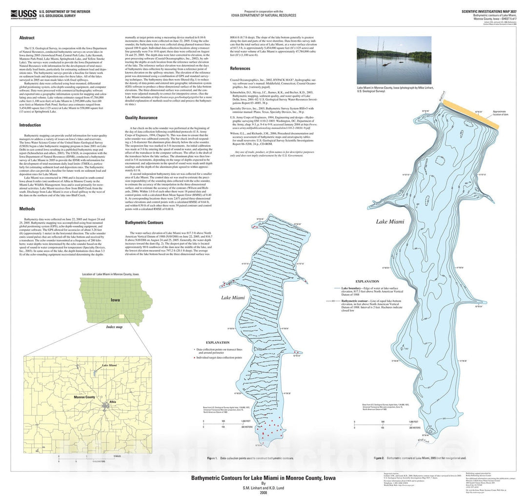 Map : Bathymetric contours for Lake Miami in Monroe County, Iowa, 2008 Cartography Wall Art :