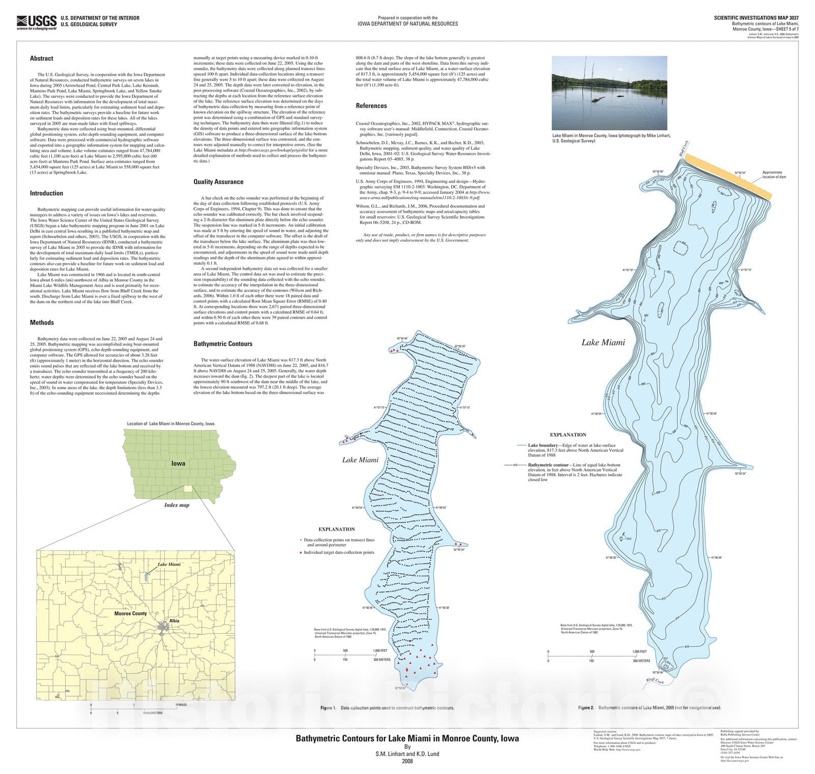 Map : Bathymetric contours for Lake Miami in Monroe County, Iowa, 2008 Cartography Wall Art :