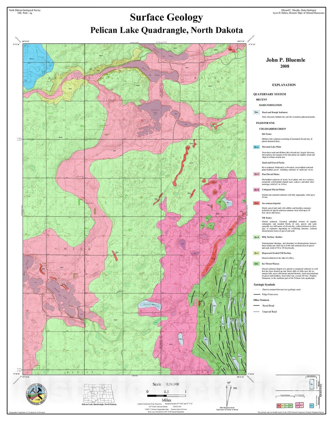 Map : Surface geology map of Pelican Lake Quad, ND, 2008 Cartography Wall Art :