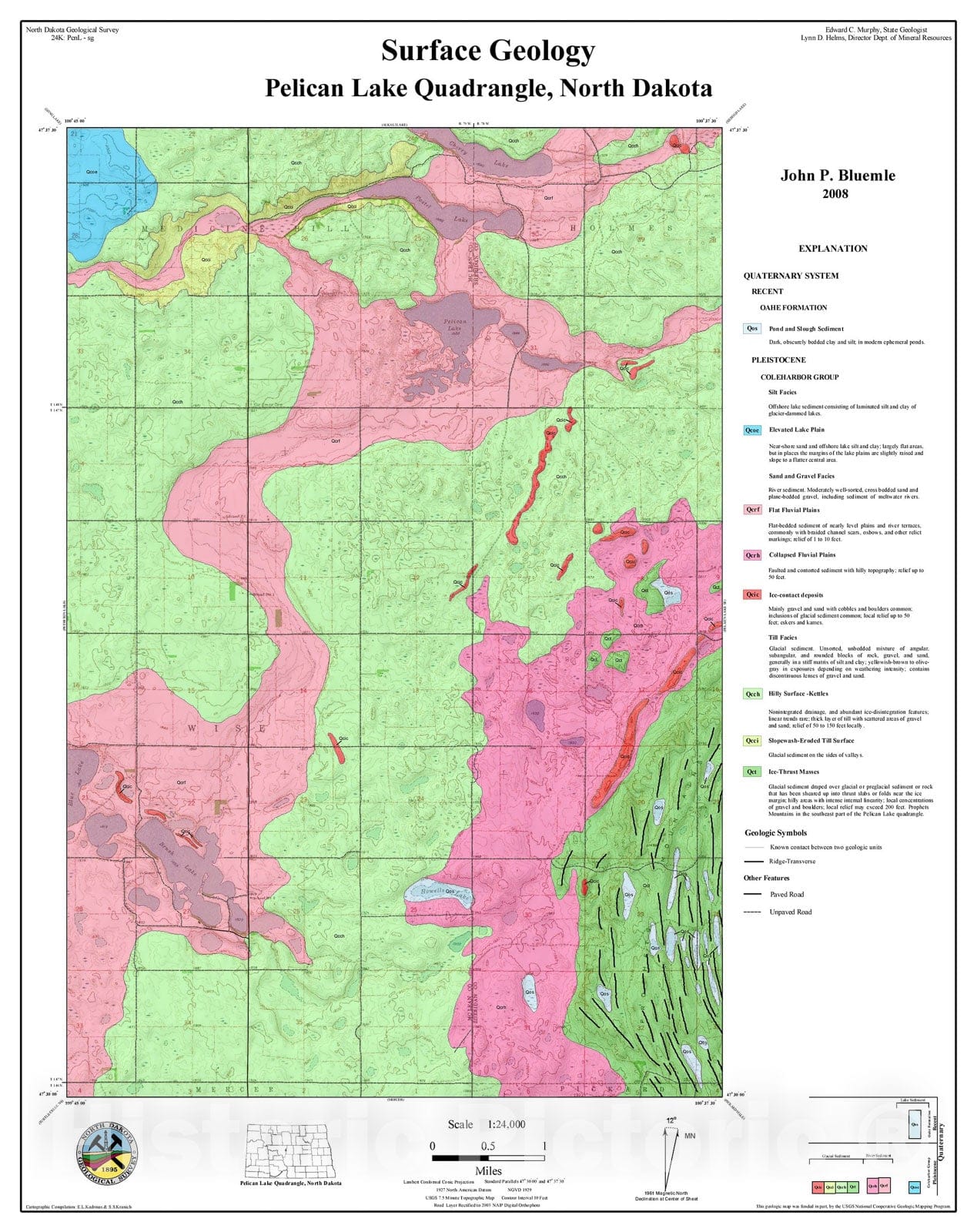 Map : Surface geology map of Pelican Lake Quad, ND, 2008 Cartography Wall Art :