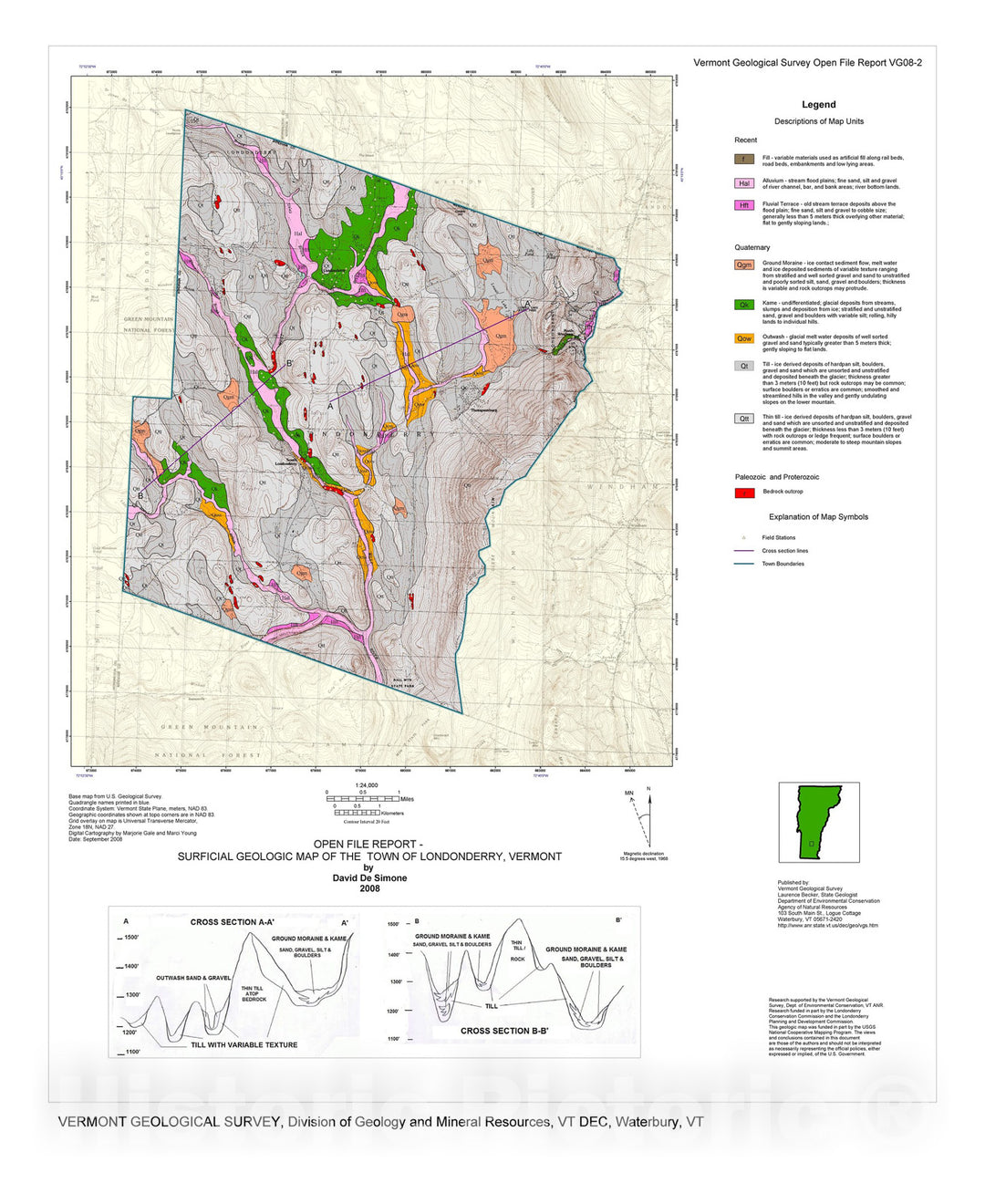 Map : Surficial Geologic Map of the Town of Londonderry, Vermont, 2008 Cartography Wall Art :