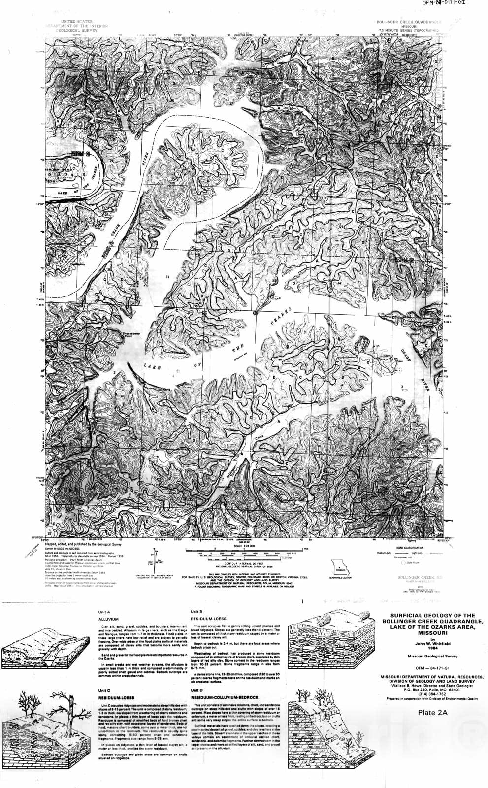 Map : Surficial geology of the Bollinger Creek quadrangle, Lake of the Ozarks area, Missouri [7.5'] [Plate 2A}, 1984 Cartography Wall Art :