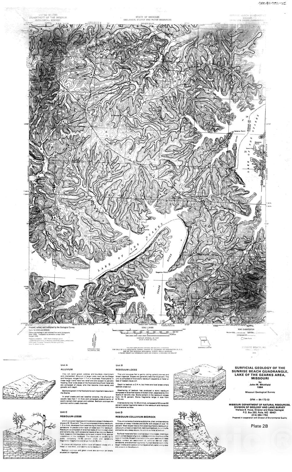 Map : Surficial geology of the Sunrise Beach quadrangle, Lake of the Ozarks area, Missouri [Plate 2B], 1984 Cartography Wall Art :