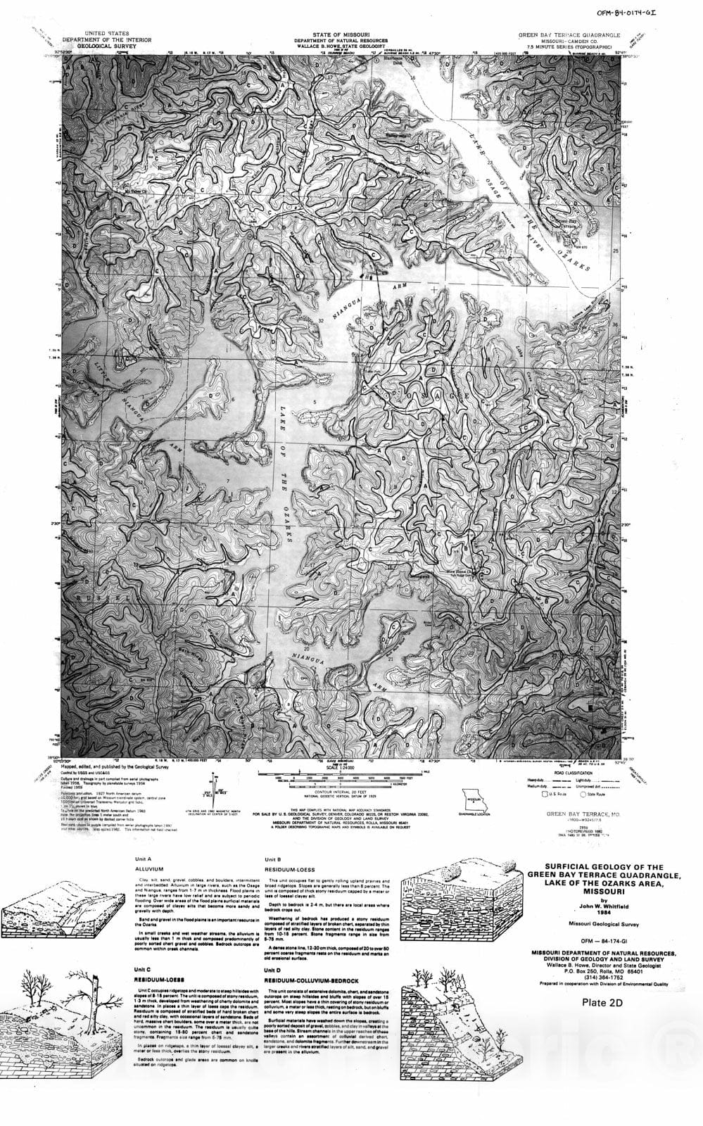 Map : Surficial geology of the Green Bay Terrace quadrangle, Lake of the Ozarks area, Missouri  Plate 2D] [7.5'] Plate 2D], 1984 Cartography Wall Art :