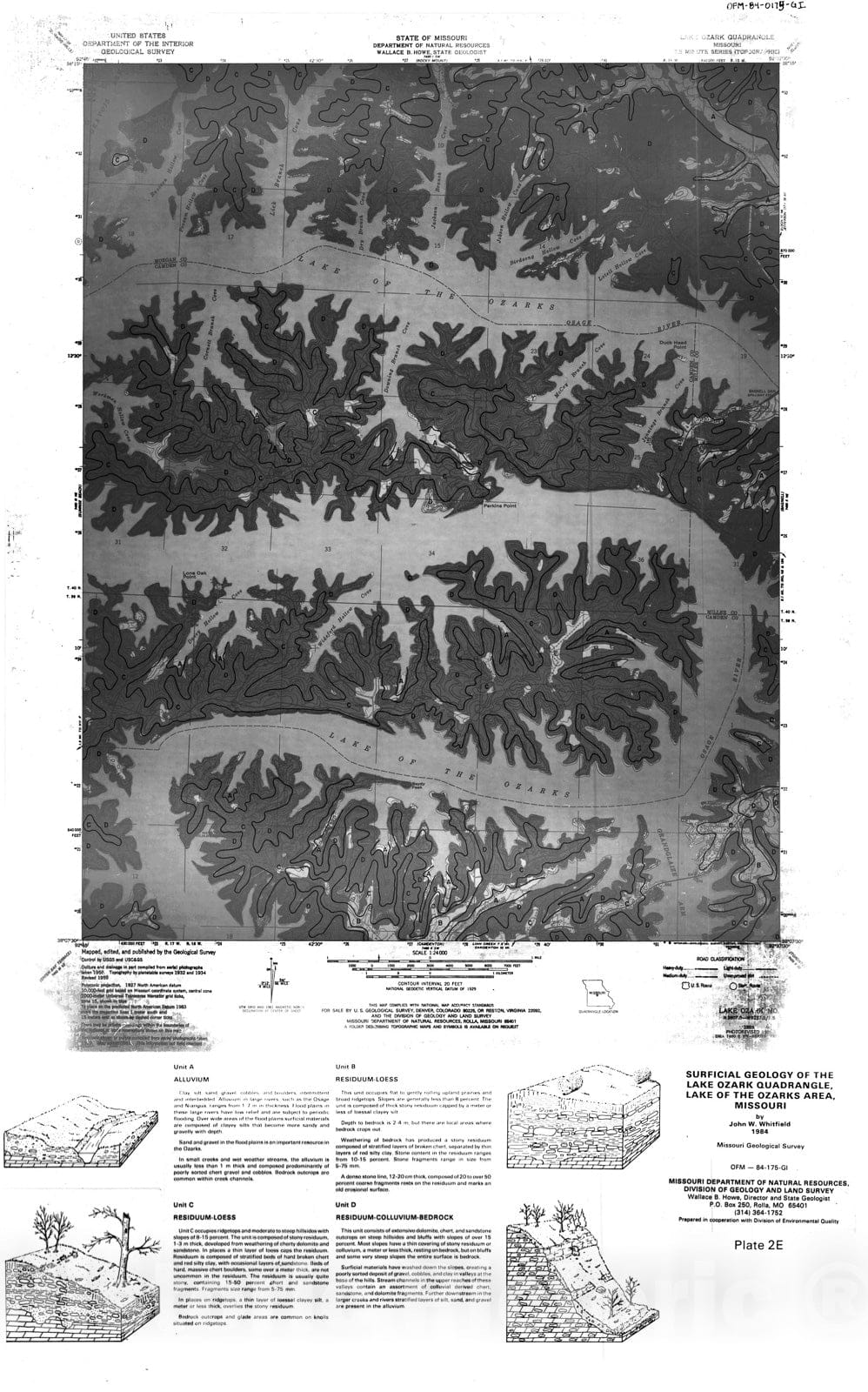 Map : Surficial geology of the Lake Ozark quadrangle, Lake of the Ozarks area, Missouri [Plate 2E], 1984 Cartography Wall Art :