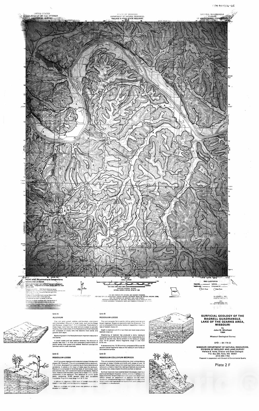 Map : Surficial geology of the Bagnell quadrangle, Lake of the Ozarks area, Missouri [Plate 2F], 1984 Cartography Wall Art :