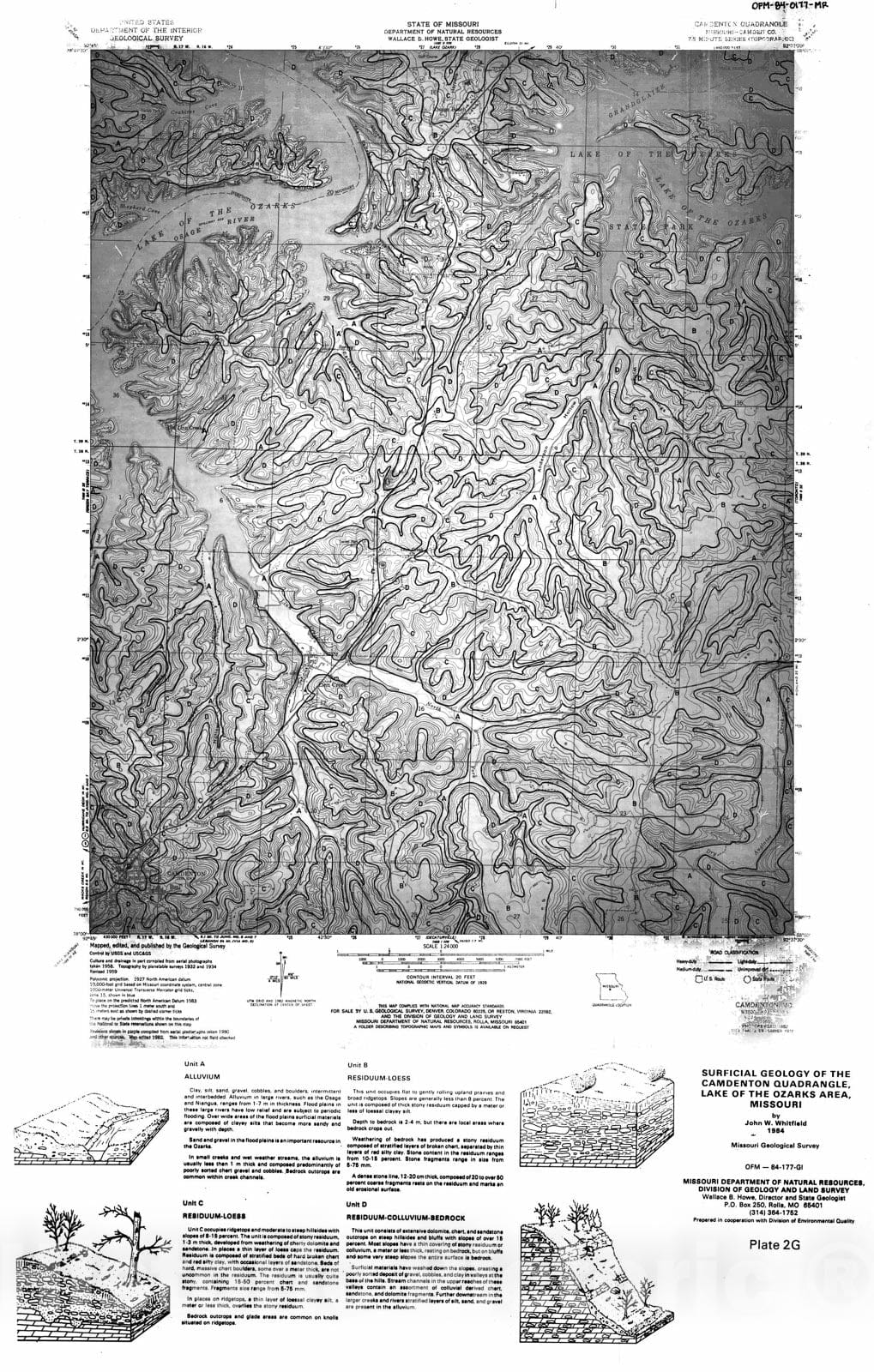 Map : Surficial geology of the Camdenton quadrangle, Lake of the Ozarks area, Missouri [Plate 2G], 1984 Cartography Wall Art :