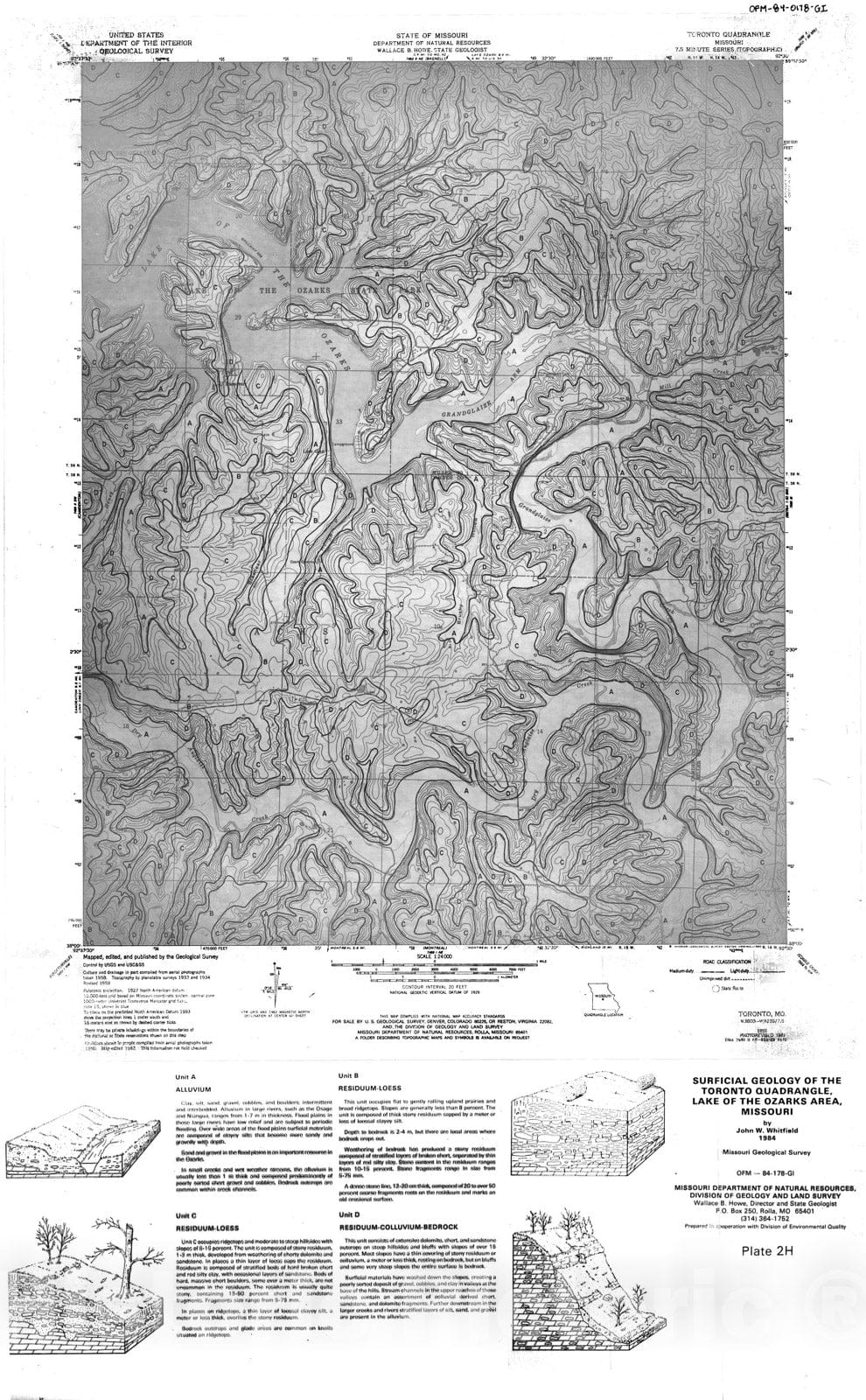 Map : Surficial geology of the Toronto quadrangle, Lake of the Ozarks area, Missouri [Plate 2H], 1984 Cartography Wall Art :