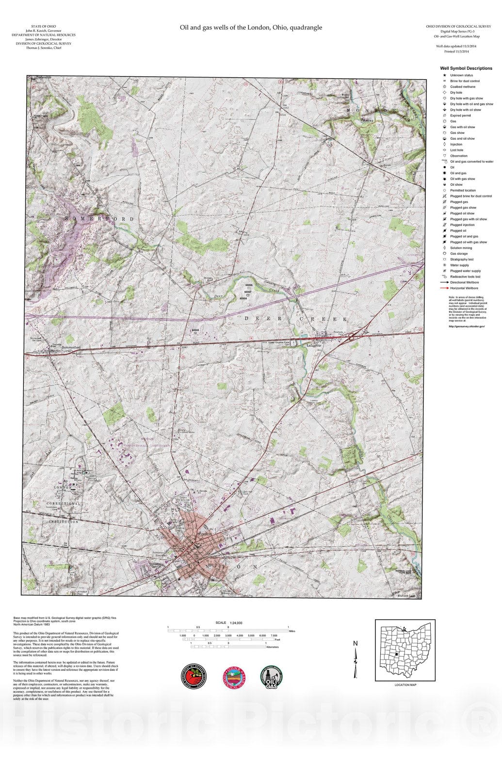 Map : Oil and gas wells of the London quadrangle [Revised bi-weekly], 2006 Cartography Wall Art :