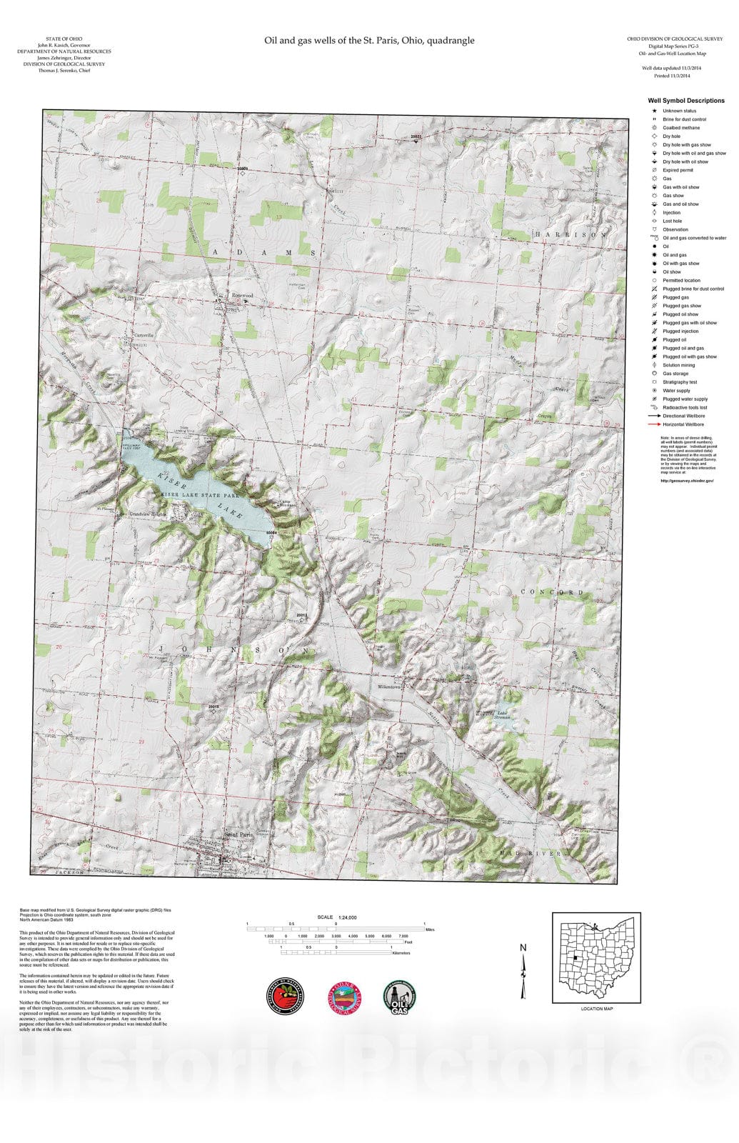 Map : Oil and gas wells of the St. Paris quadrangle [Revised bi-weekly], 2006 Cartography Wall Art :