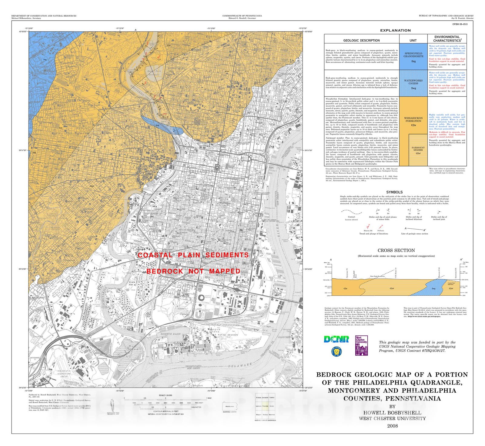 Map : Bedrock geologic map of a portion of the Philadelphia quadrangle, Montgomery and Philadelphia Counties, Pennsylvania, 2008 Cartography Wall Art :