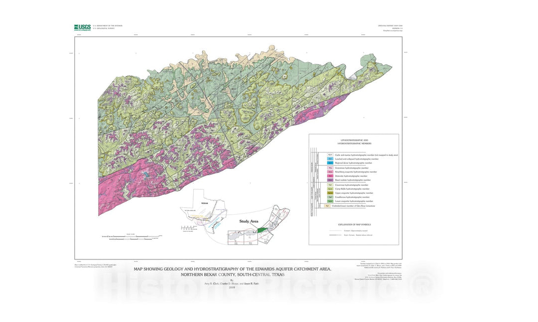 Map : Map showing geology and hydrostratigraphy of the Edwards aquifer catchment area, northern Bexar County, south-central Texas, 2009 Cartography Wall Art :