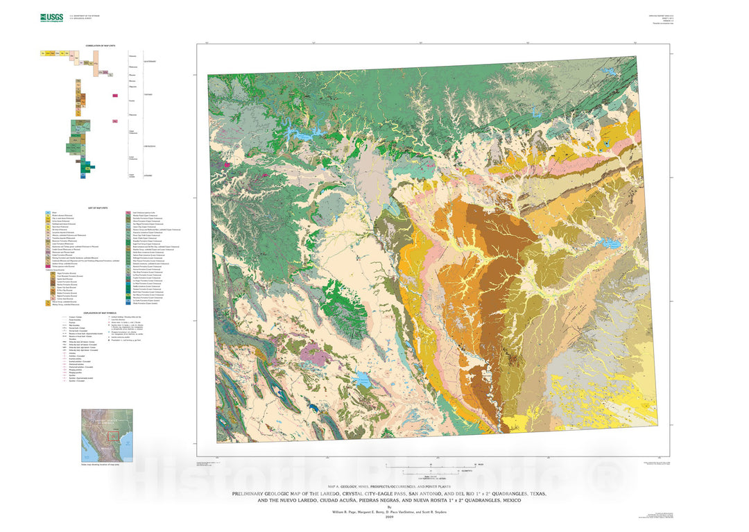 Map : Preliminary geologic map of the Laredo, Crystal City-Eagle Pass, San Antonio, and Del Rio one degree x two degree quadrangles, Texas,, two009 Cartography Wall Art :