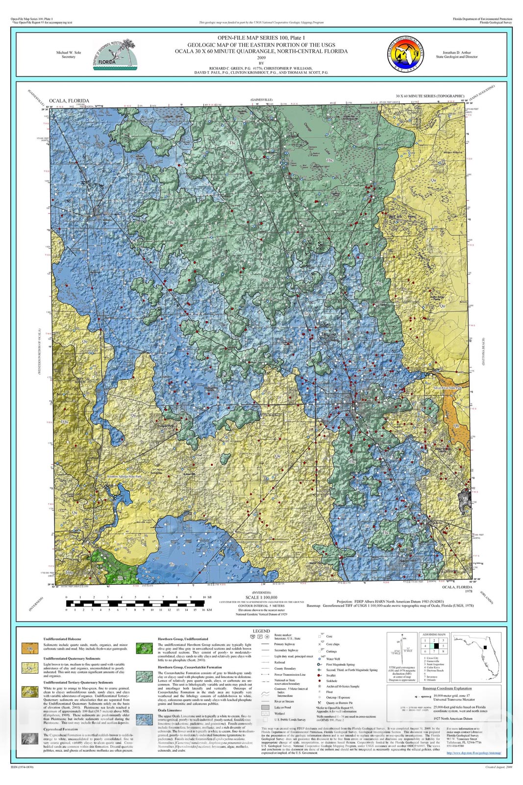 Map : Geologic map of the eastern portion of the USGS Ocala thirty x sixty minute quadrangle, north-central Florida, 2009 Cartography Wall Art :