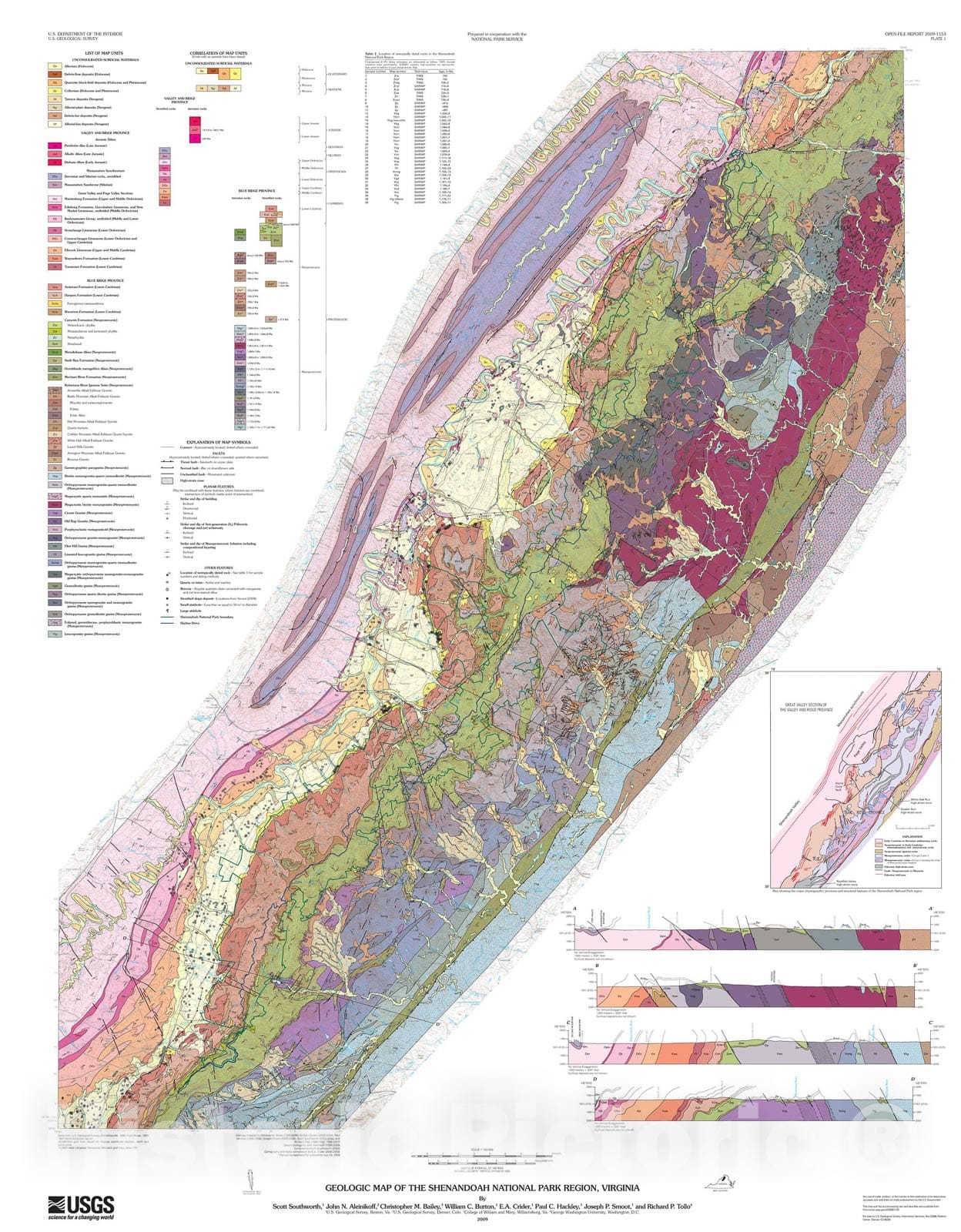 Map : Geologic map of the Shenandoah National Park region, Virginia, 2009 Cartography Wall Art :