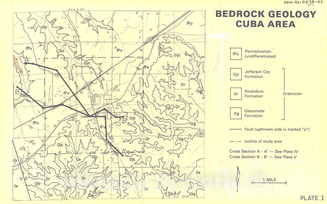 Map : Bedrock geology,  Cuba area, Missouri, 1992 Cartography Wall Art :