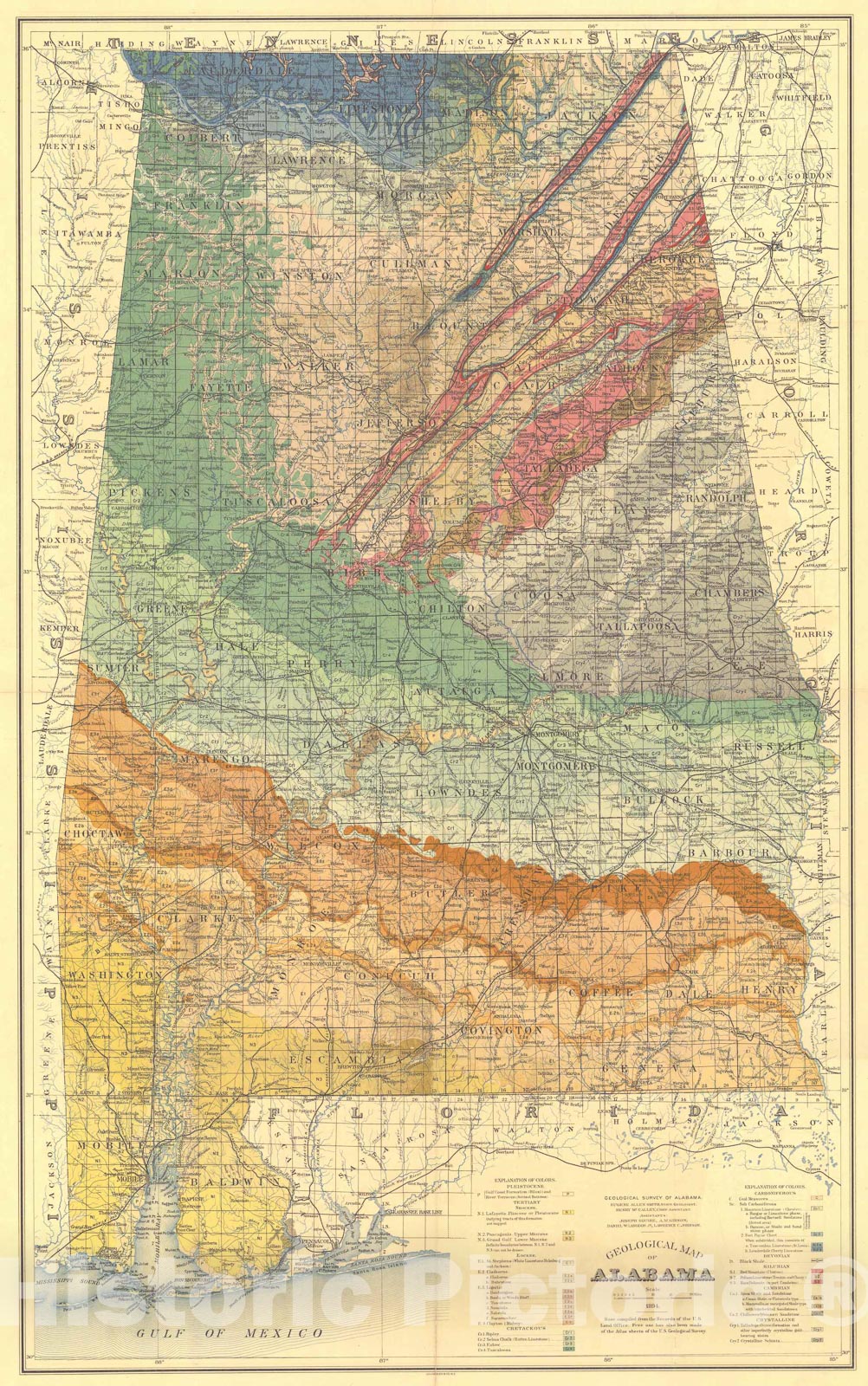 Map : Geologic map of Alabama, with explanatory chart, 1894 Cartography Wall Art :