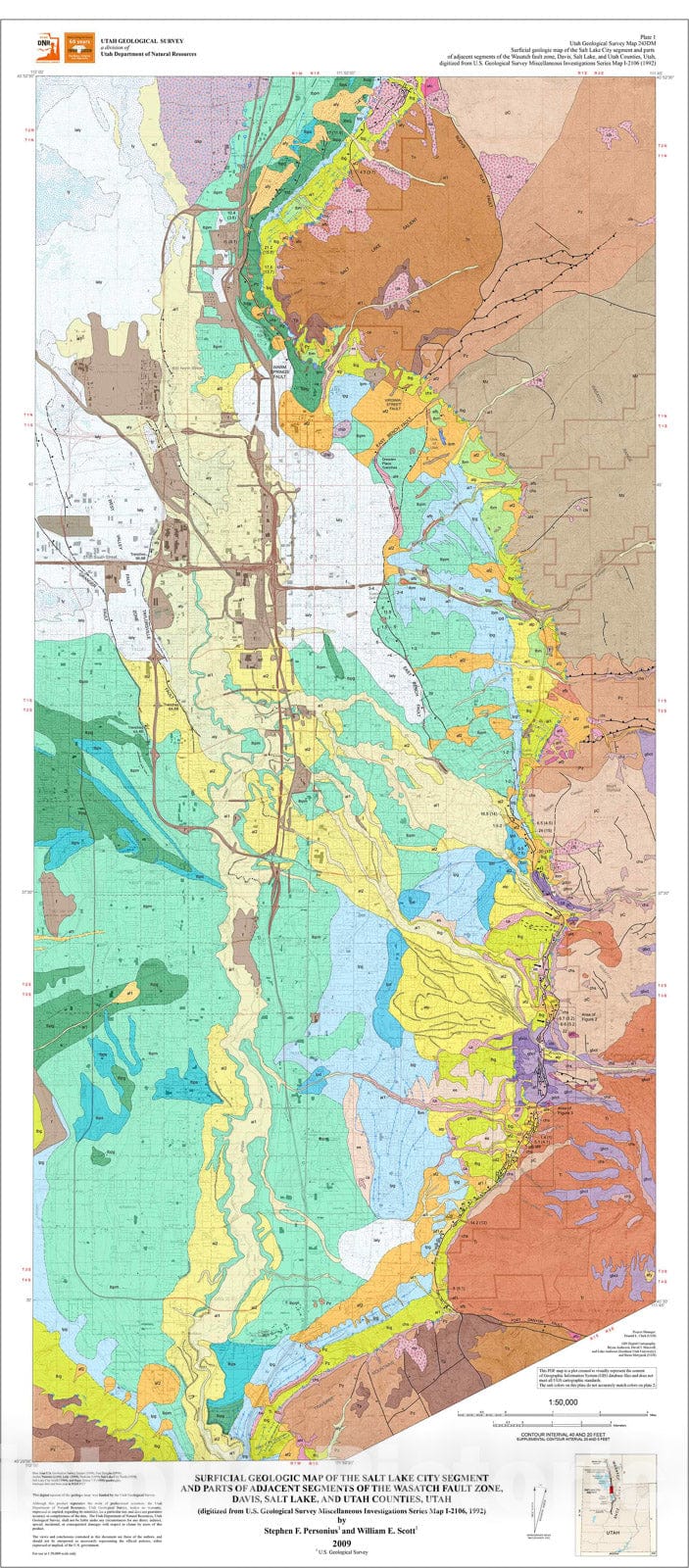 Map : Surficial geologic map of the Salt Lake City segment and parts of adjacent segments of the Wasatch fault zone, Davis, Salt Lake, and Utah Counties, Utah, 2009 Cartography Wall Art :