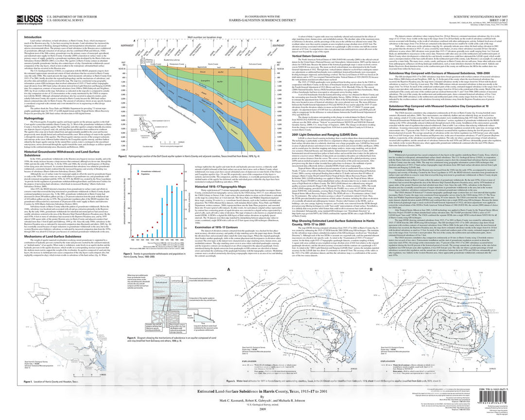 Map : Estimated land-surface subsidence in Harris County, Texas, 1915-17 to 2001, 2009 Cartography Wall Art :