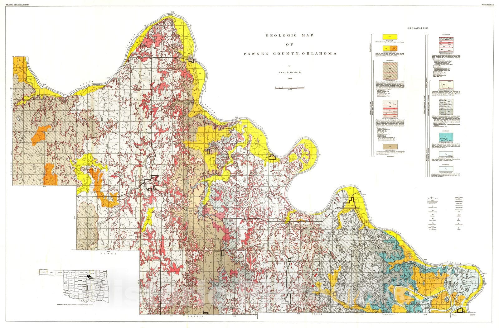 Map : Geology of Pawnee County, Oklahoma, 1959 Cartography Wall Art :