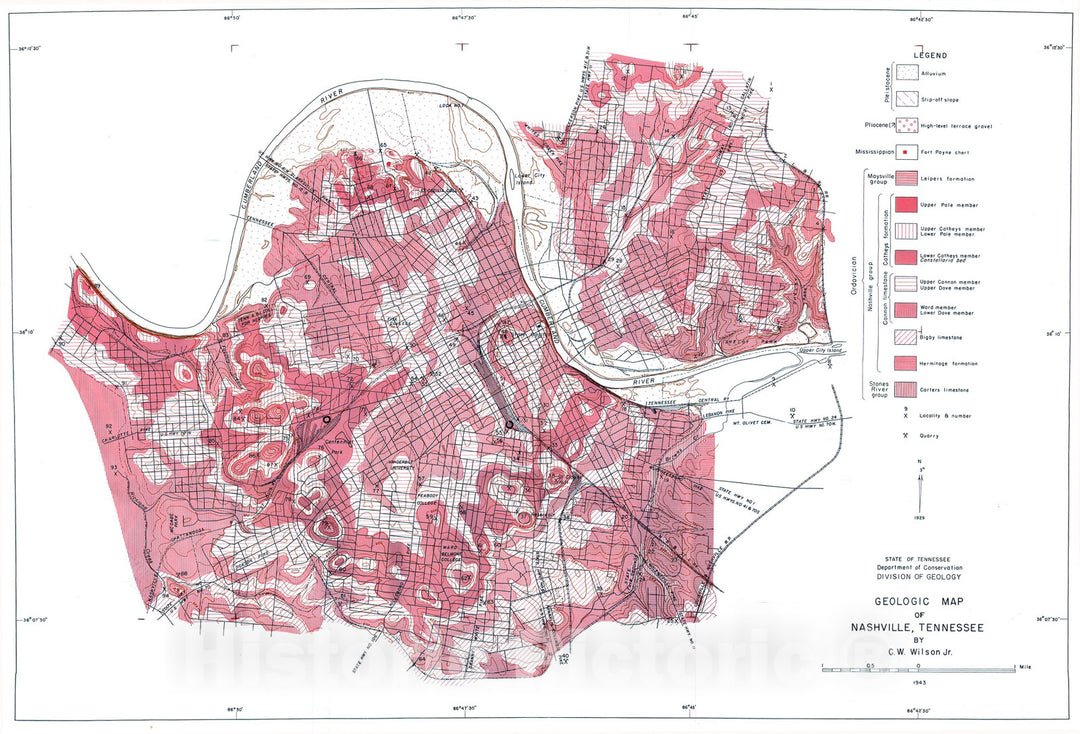 Map : The geology of Nashville [Tennessee], 1948 Cartography Wall Art :