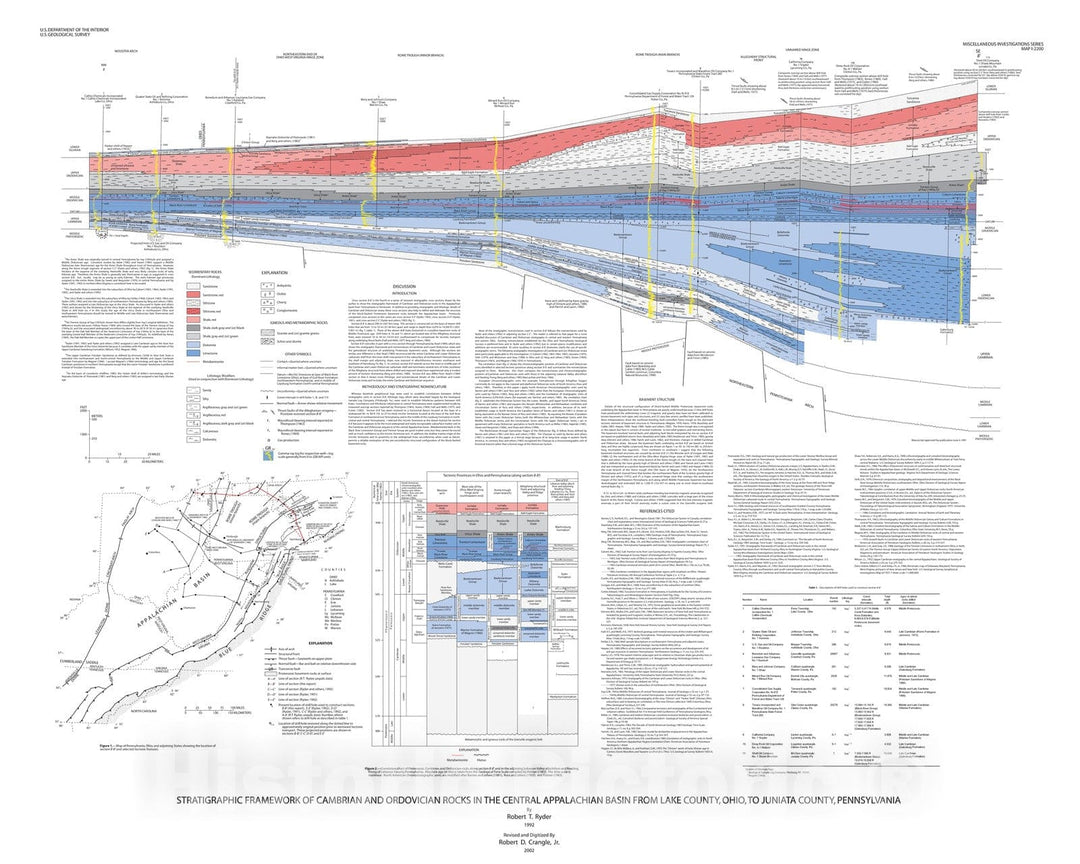 Map : Stratigraphic framework of Cambrian and Ordovician rocks in the central Appalachian basin from Lake County, Ohio, to Juniata Count, 1992 Cartography Wall Art :