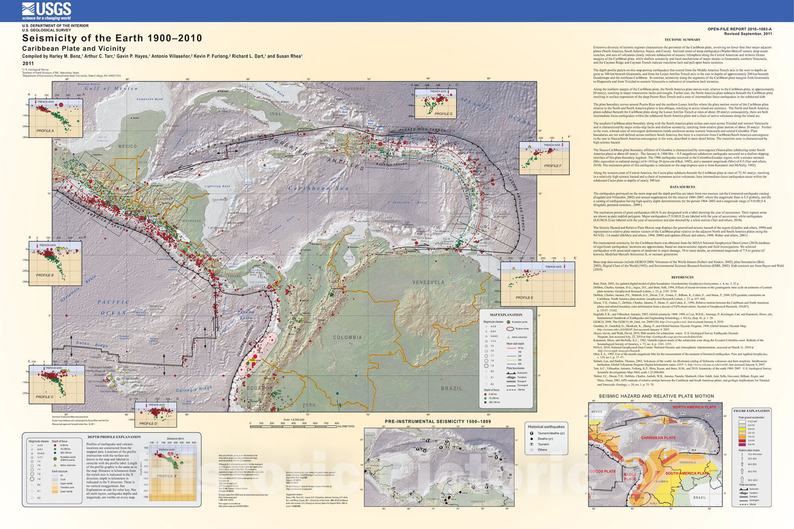 Map : Seismicity of the earth 1900-2007:  Caribbean plate and vicinity, 2010 Cartography Wall Art :