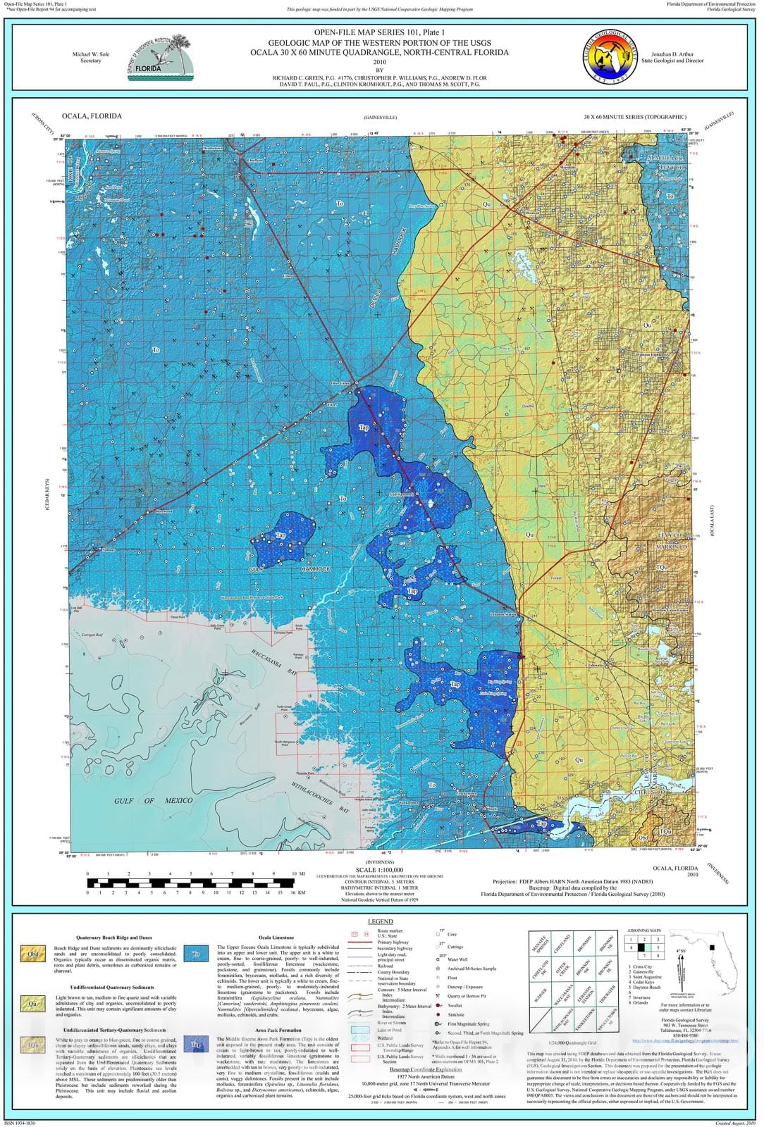 Map : Geologic map of the western portion of the USGS Ocala thirty x sixty minute quadrangle, north-central Florida, 2010 Cartography Wall Art :