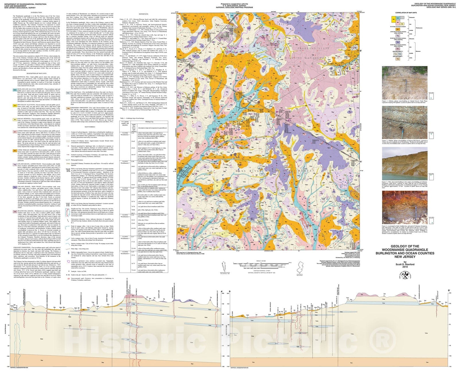 Map : Geology of the Woodmansie quadrangle, Burlington and Ocean counties, New Jersey, 2010 Cartography Wall Art :