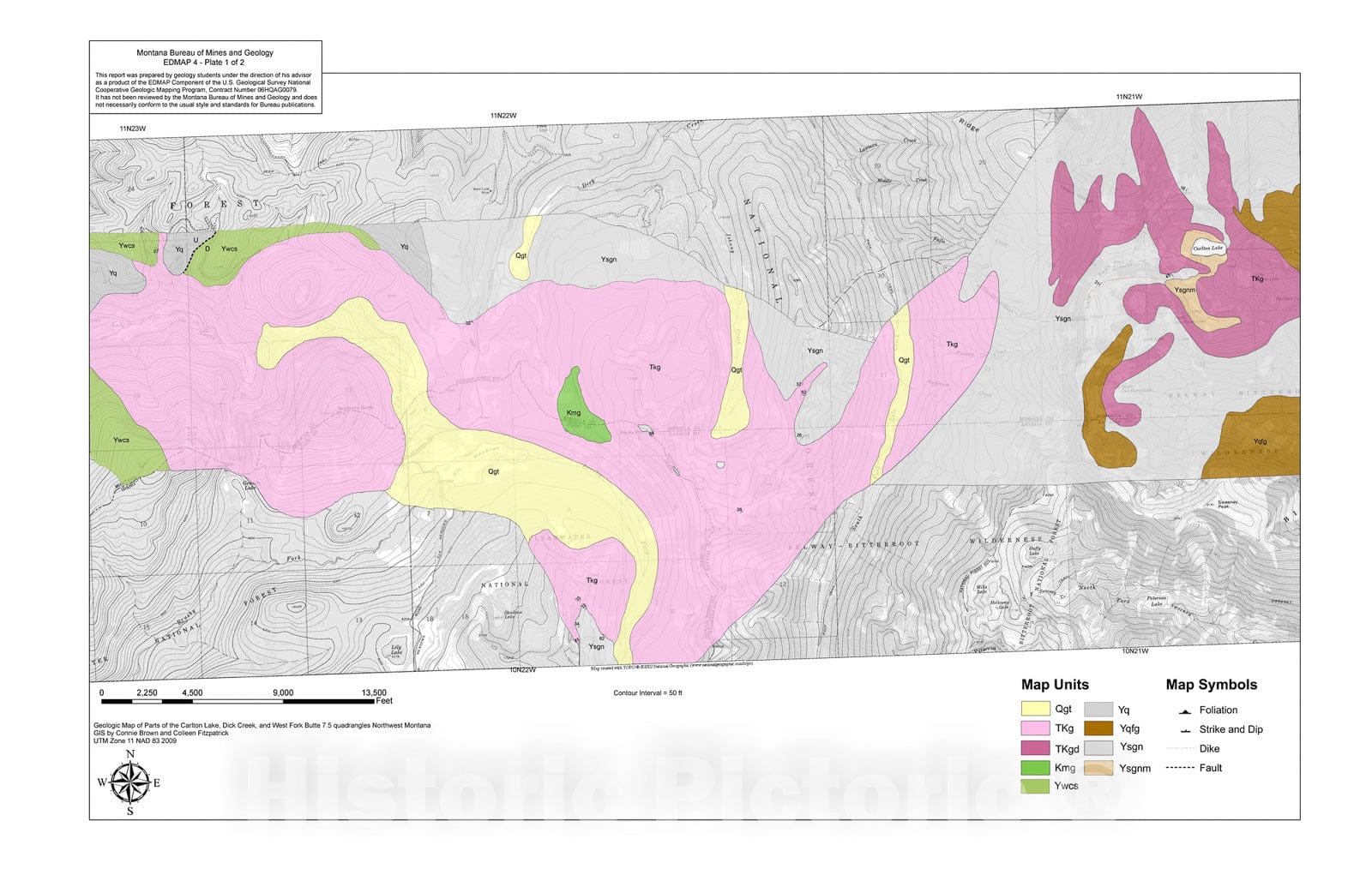 Map : Geologic map of parts of the Carlton Lake, Dick Creek and West Fork Butte 7.5' quadrangles, western Montana, 2009 Cartography Wall Art :