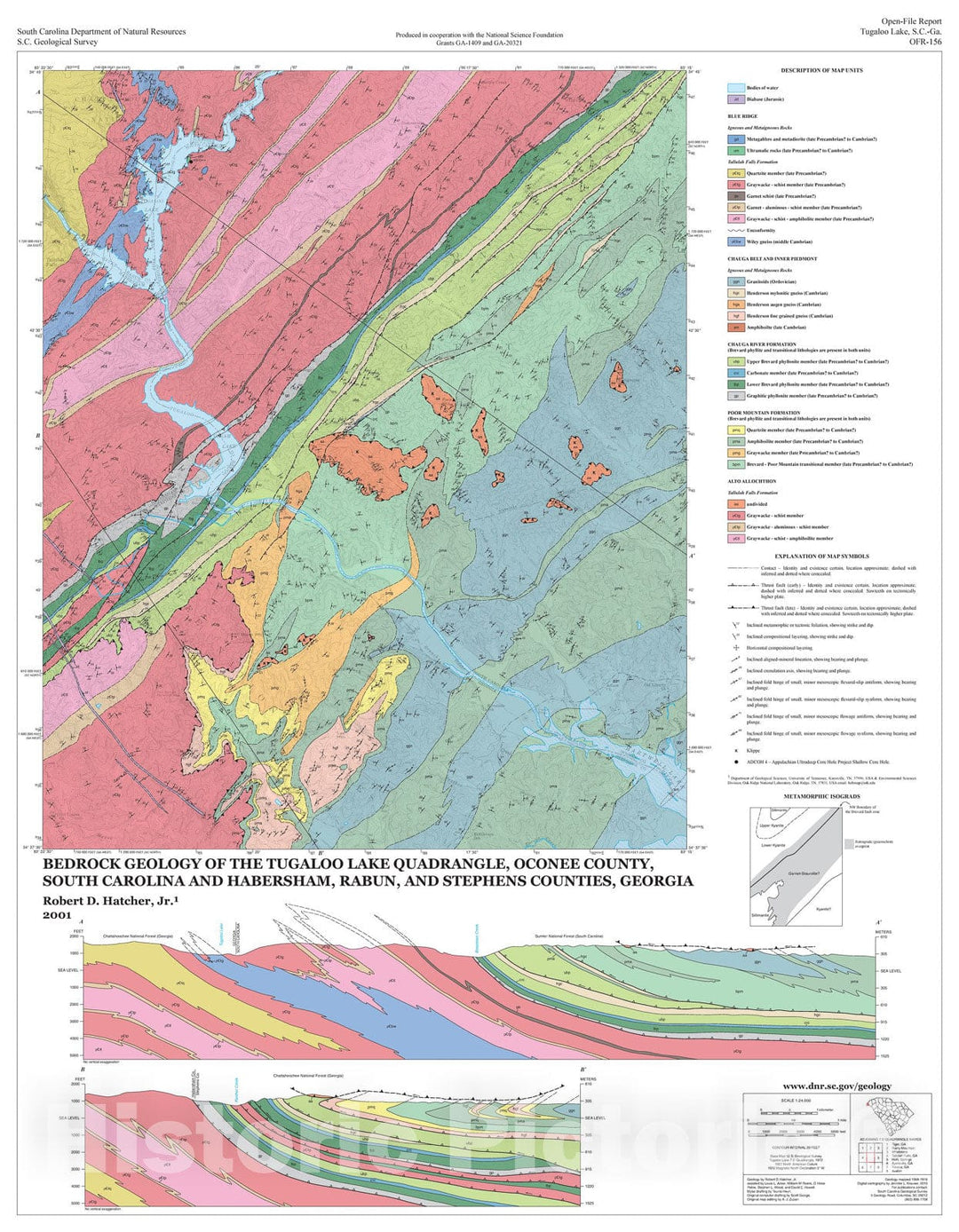 Map : Bedrock geology of the Tugaloo Lake quadrangle, Oconee County, South Carolina and Habersham, Rabun, and Stephens counties, Georgia, 2001 Cartography Wall Art :