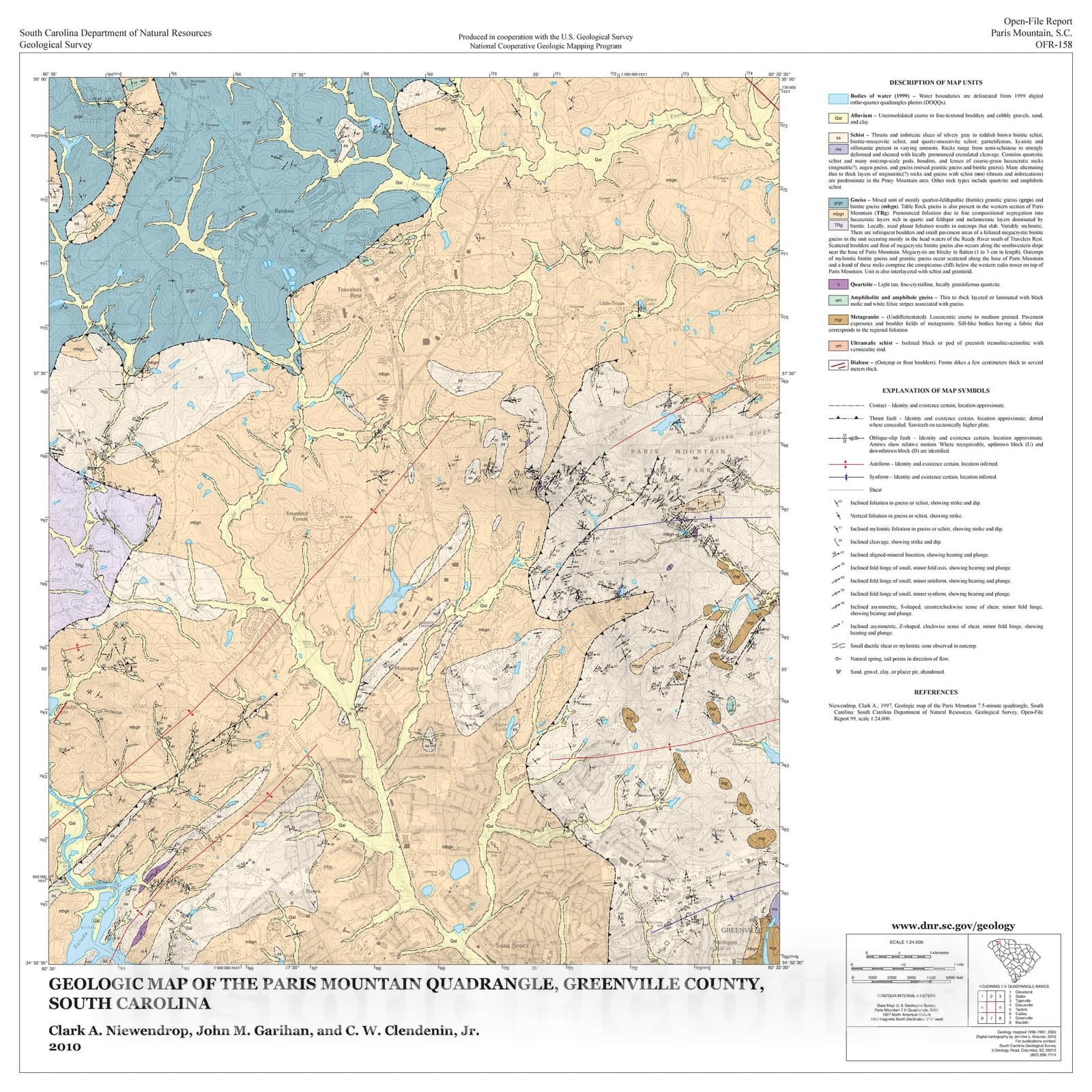 Map : Geologic map of the Paris Mountain quadrangle, Greenville County, South Carolina, 2010 Cartography Wall Art :